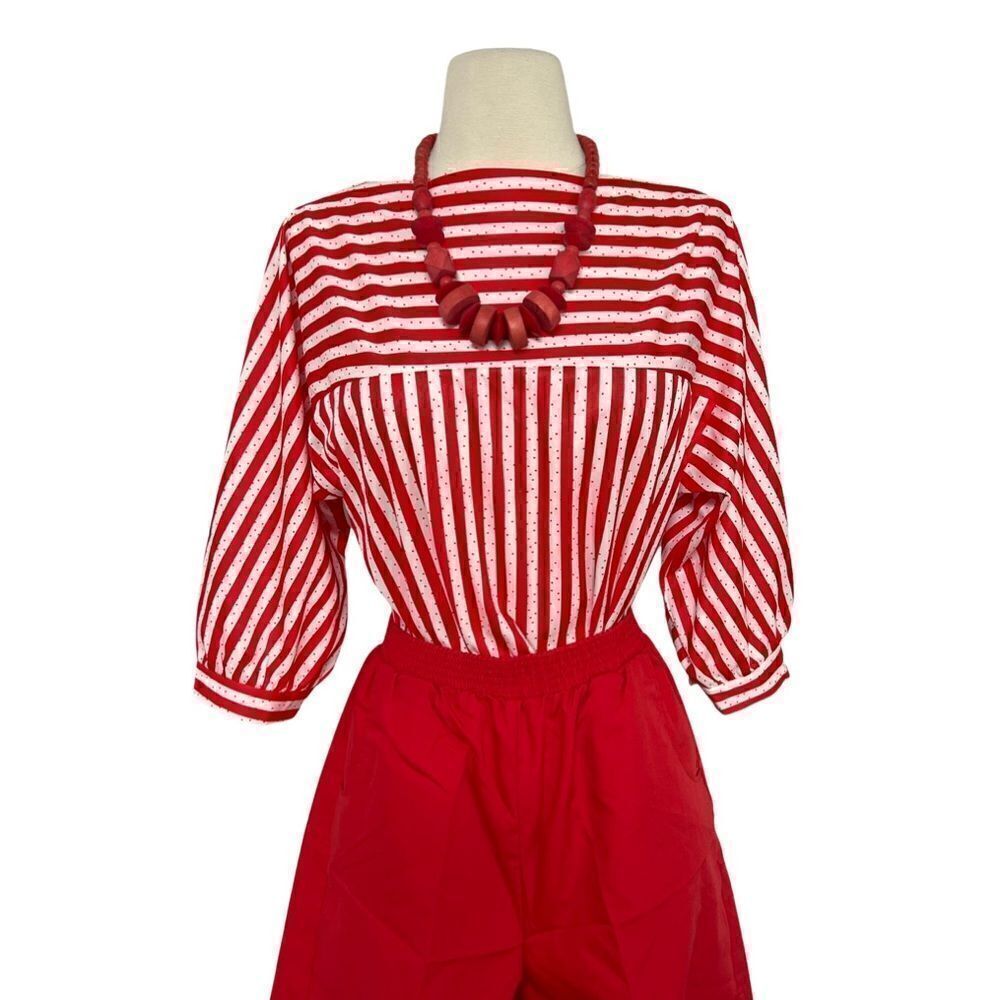 Stunning Vintage 70s Boat Neck Balloon Sleeve Red White Polka Dot Stripe Blouse
